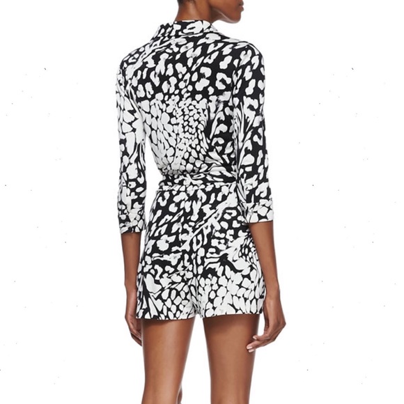 Diane von Furstenberg Celeste Leopard Print Wraparound Romper Black & White - Picture 3 of 7